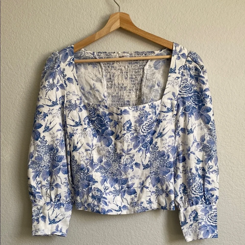 Reformation Linen Stilton Floral Romantic Square Neck Long Sleeve Top Size 10 - Picture 4 of 16
